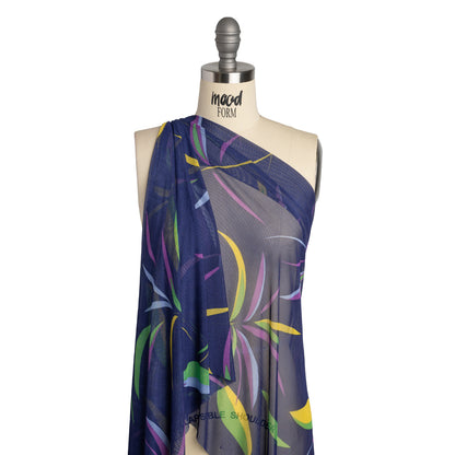 Polyester Stretch Mesh - Navy Blue, Purple and Green Leaf Party - Designer Deadstock