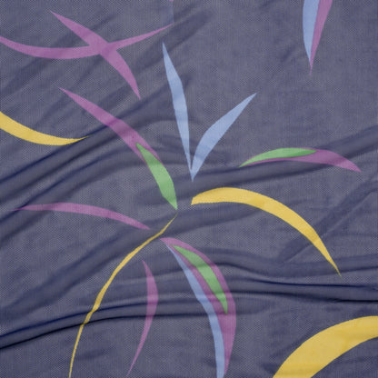 Polyester Stretch Mesh - Navy Blue, Purple and Green Leaf Party - Designer Deadstock