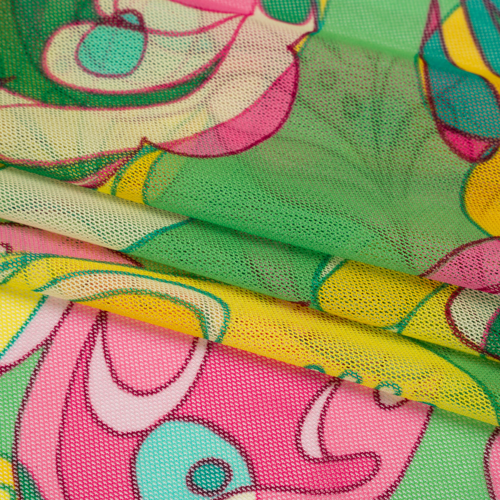 Polyester Stretch Mesh Print - Pink, Yellow and Green Retro Florals and Paisley - Designer Deadstock - Folded