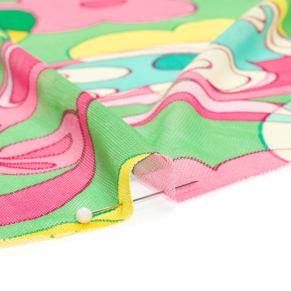 Polyester Stretch Mesh Print - Pink, Yellow and Green Retro Florals and Paisley - Designer Deadstock - Detail