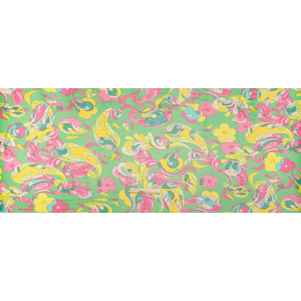 Polyester Stretch Mesh Print - Pink, Yellow and Green Retro Florals and Paisley - Designer Deadstock - Full