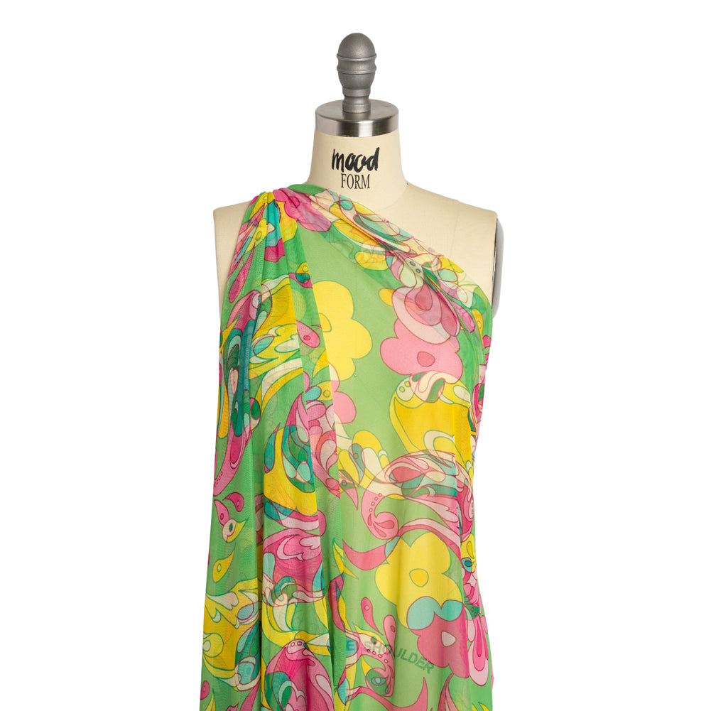 Polyester Stretch Mesh Print - Pink, Yellow and Green Retro Florals and Paisley - Designer Deadstock - Drape