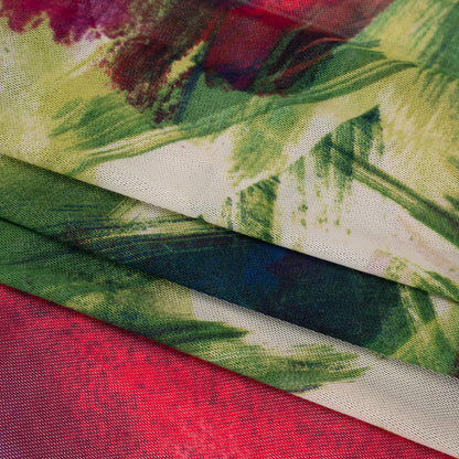 Polyester Stretch Mesh - Green, Berry Red and Butterceam Painted Palm Leaves - Designer Deadstock