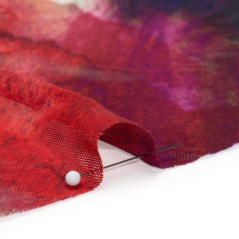 Polyester Stretch Mesh - Green, Berry Red and Butterceam Painted Palm Leaves - Designer Deadstock - Detail
