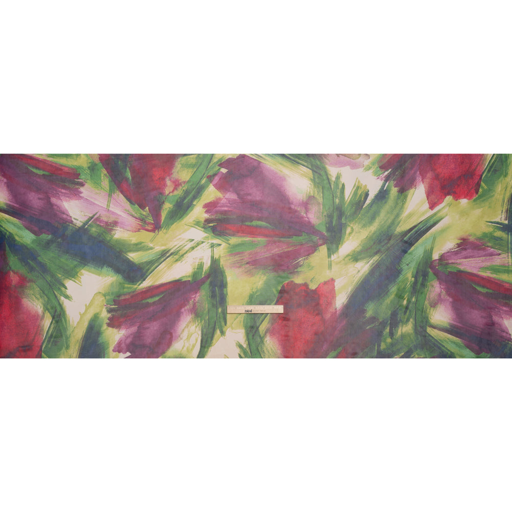 Polyester Stretch Mesh - Green, Berry Red and Butterceam Painted Palm Leaves - Designer Deadstock - Full