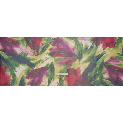 Polyester Stretch Mesh - Green, Berry Red and Butterceam Painted Palm Leaves - Designer Deadstock