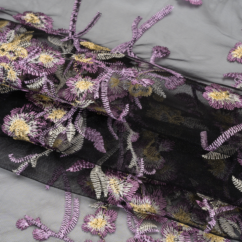 Embroidered Lace on Black Tulle - Lilac, Butter Yellow and White Floral - Designer Deadstock - Folded
