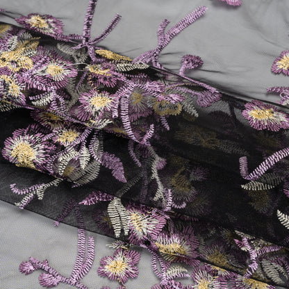 Embroidered Lace on Black Tulle - Lilac, Butter Yellow and White Floral - Designer Deadstock