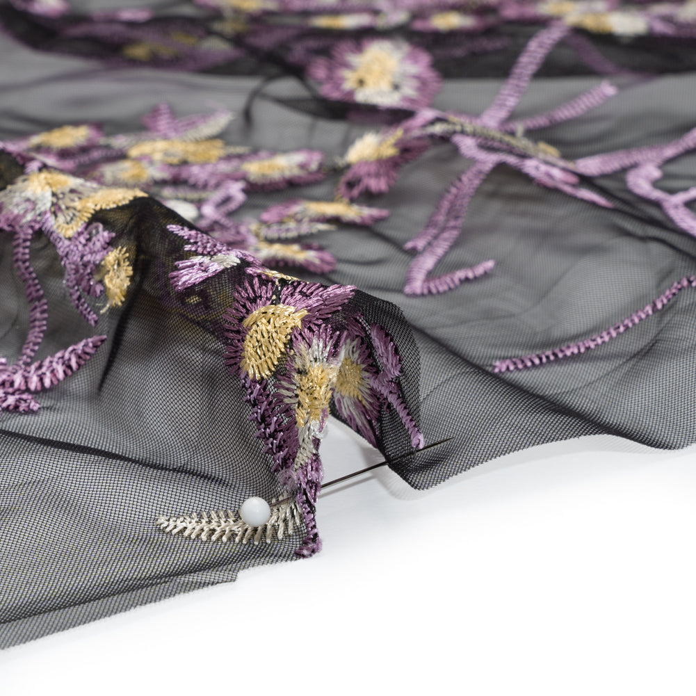 Embroidered Lace on Black Tulle - Lilac, Butter Yellow and White Floral - Designer Deadstock - Detail