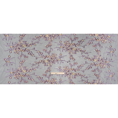 Embroidered Lace on Black Tulle - Lilac, Butter Yellow and White Floral - Designer Deadstock