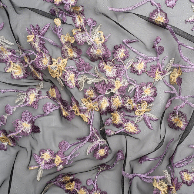 Embroidered Lace on Black Tulle - Lilac, Butter Yellow and White Floral - Designer Deadstock