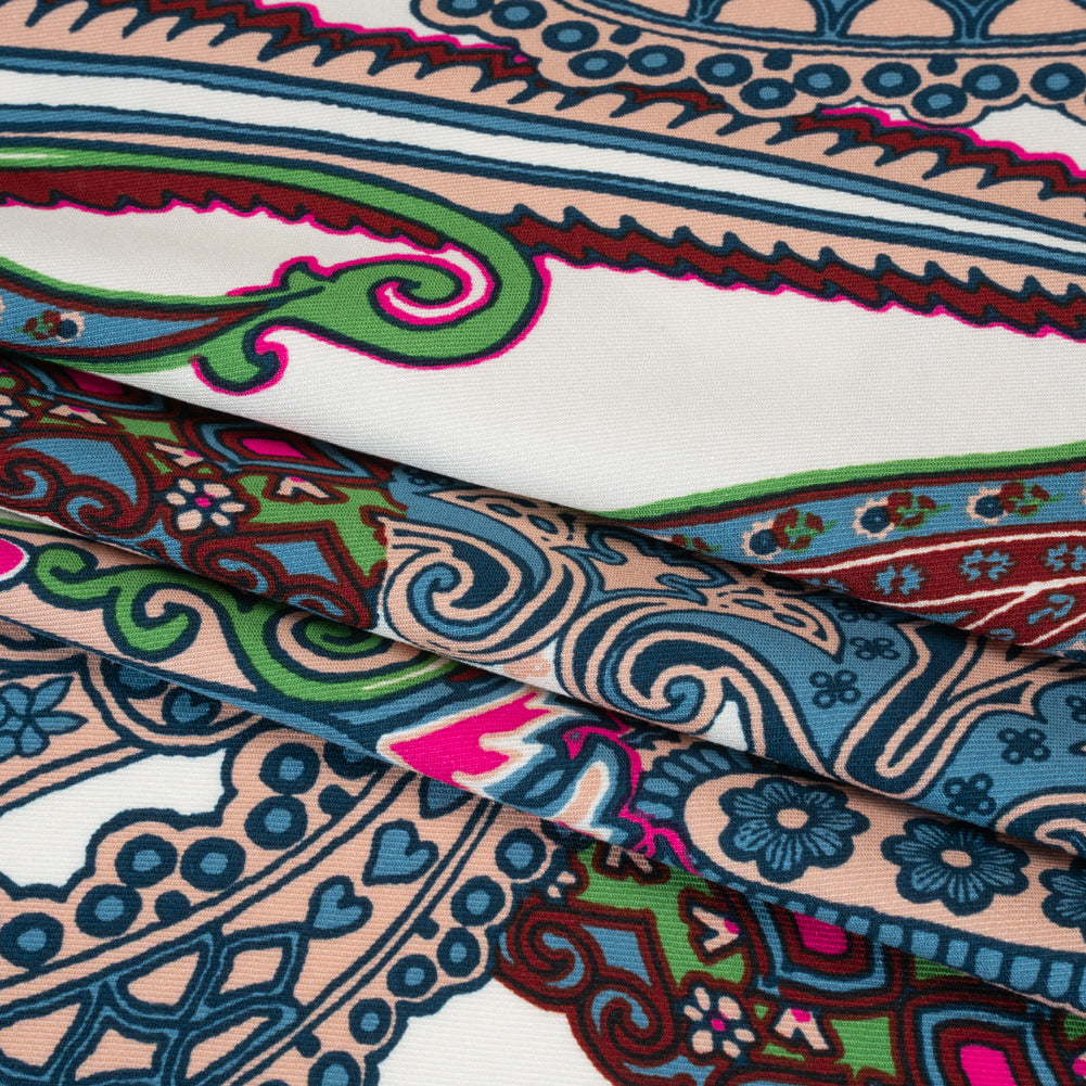 Rayon Twill - Blue, Red and Peachy Beige Paisley - Designer Deadstock - Folded