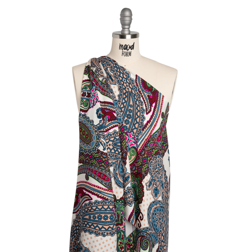 Rayon Twill - Blue, Red and Peachy Beige Paisley - Designer Deadstock - Drape