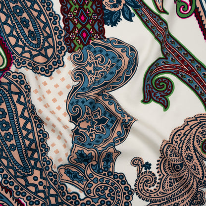 Rayon Twill - Blue, Red and Peachy Beige Paisley - Designer Deadstock