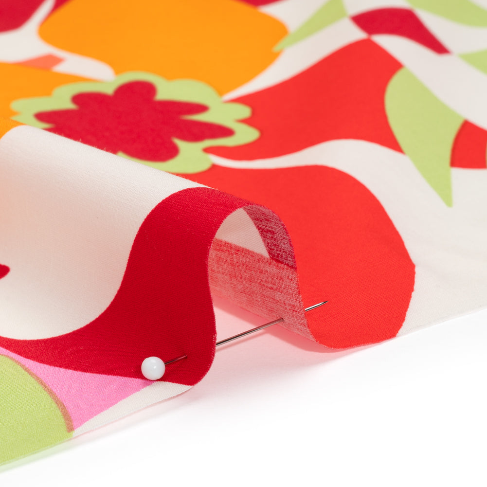 Stretch Cotton Poplin - Red, Orange and Lime Green Floral - Designer Deadstock - Detail