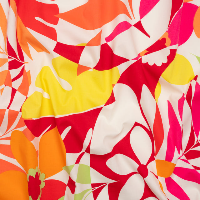 Stretch Cotton Poplin - Red, Orange and Lime Green Floral - Designer Deadstock