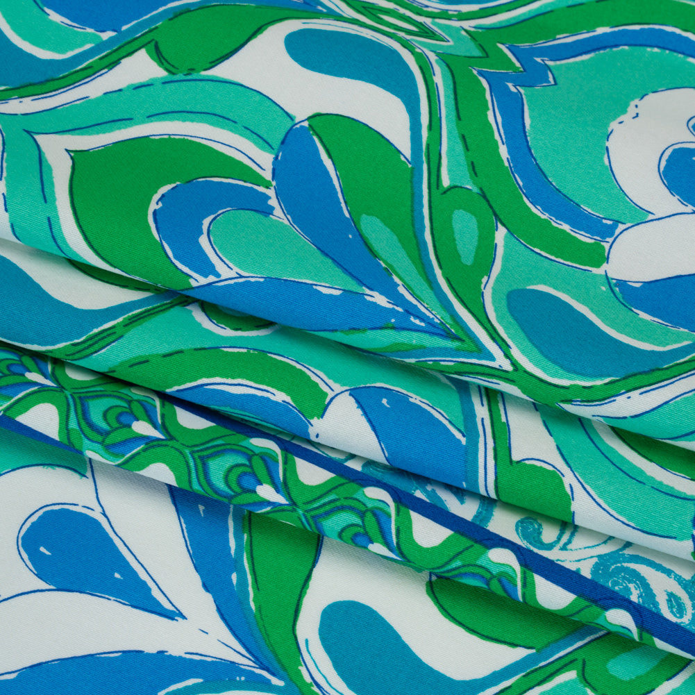 Stretch Cotton Sateen Panel - Blue, Turquoise and Kelly Green Floral Ogees and Stripes - Designer Deadstock - Folded