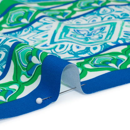 Stretch Cotton Sateen Panel - Blue, Turquoise and Kelly Green Floral Ogees and Stripes - Designer Deadstock