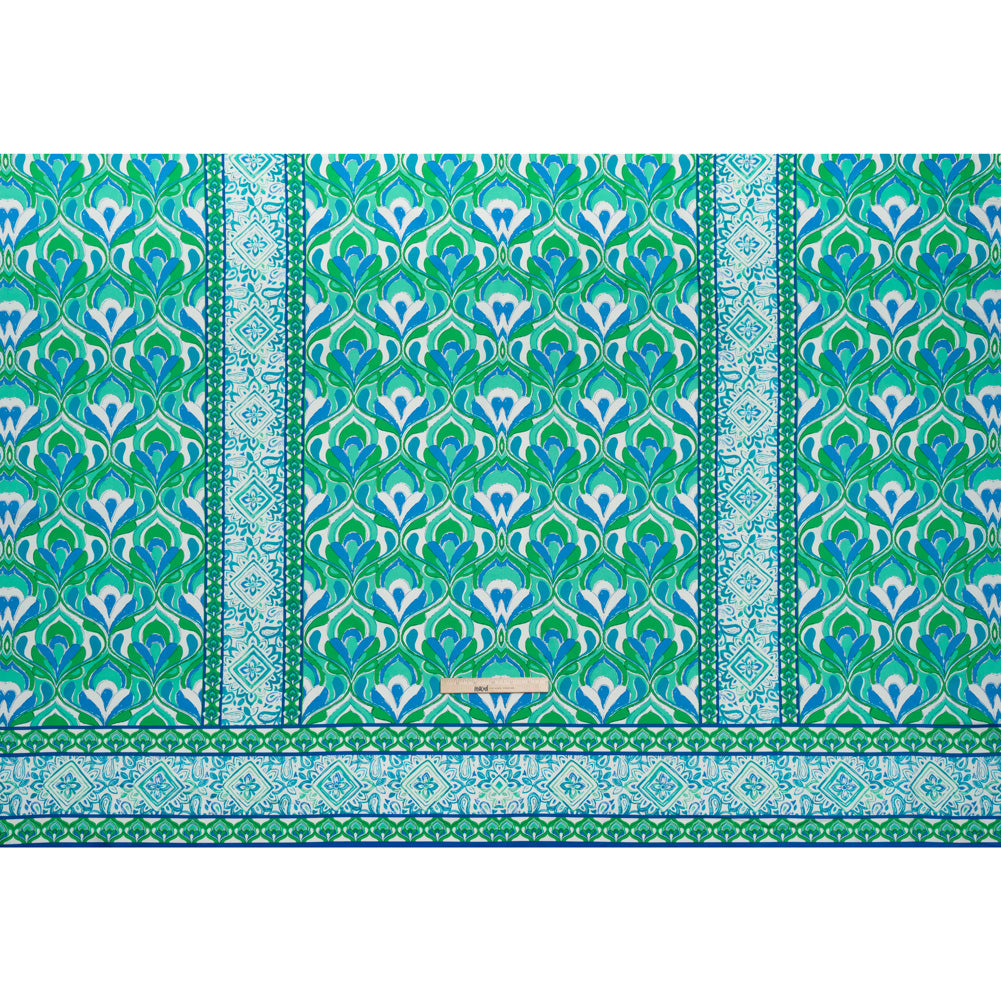 Stretch Cotton Sateen Panel - Blue, Turquoise and Kelly Green Floral Ogees and Stripes - Designer Deadstock - Full