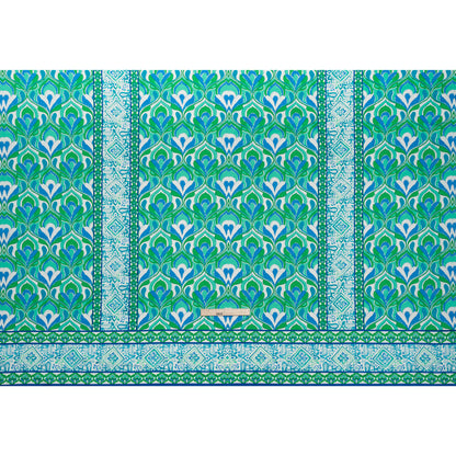 Stretch Cotton Sateen Panel - Blue, Turquoise and Kelly Green Floral Ogees and Stripes - Designer Deadstock