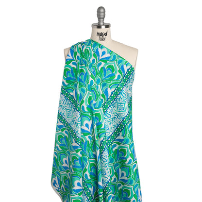 Stretch Cotton Sateen Panel - Blue, Turquoise and Kelly Green Floral Ogees and Stripes - Designer Deadstock
