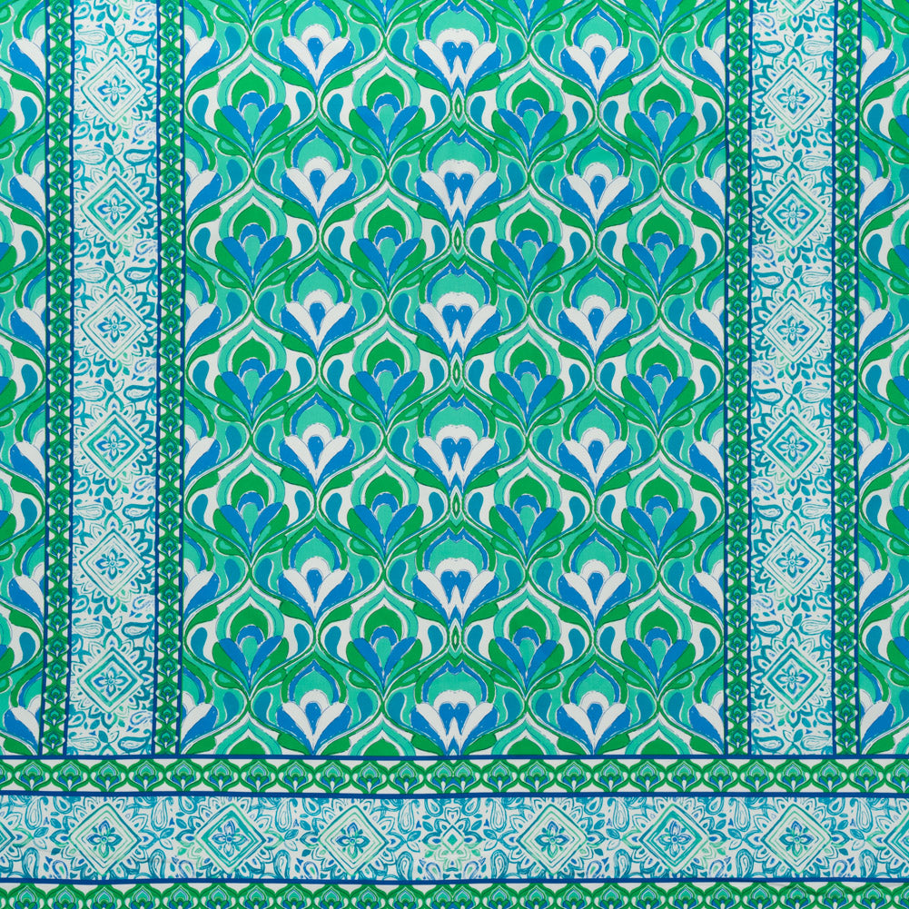 Stretch Cotton Sateen Panel - Blue, Turquoise and Kelly Green Floral Ogees and Stripes - Designer Deadstock