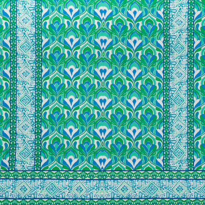 Stretch Cotton Sateen Panel - Blue, Turquoise and Kelly Green Floral Ogees and Stripes - Designer Deadstock
