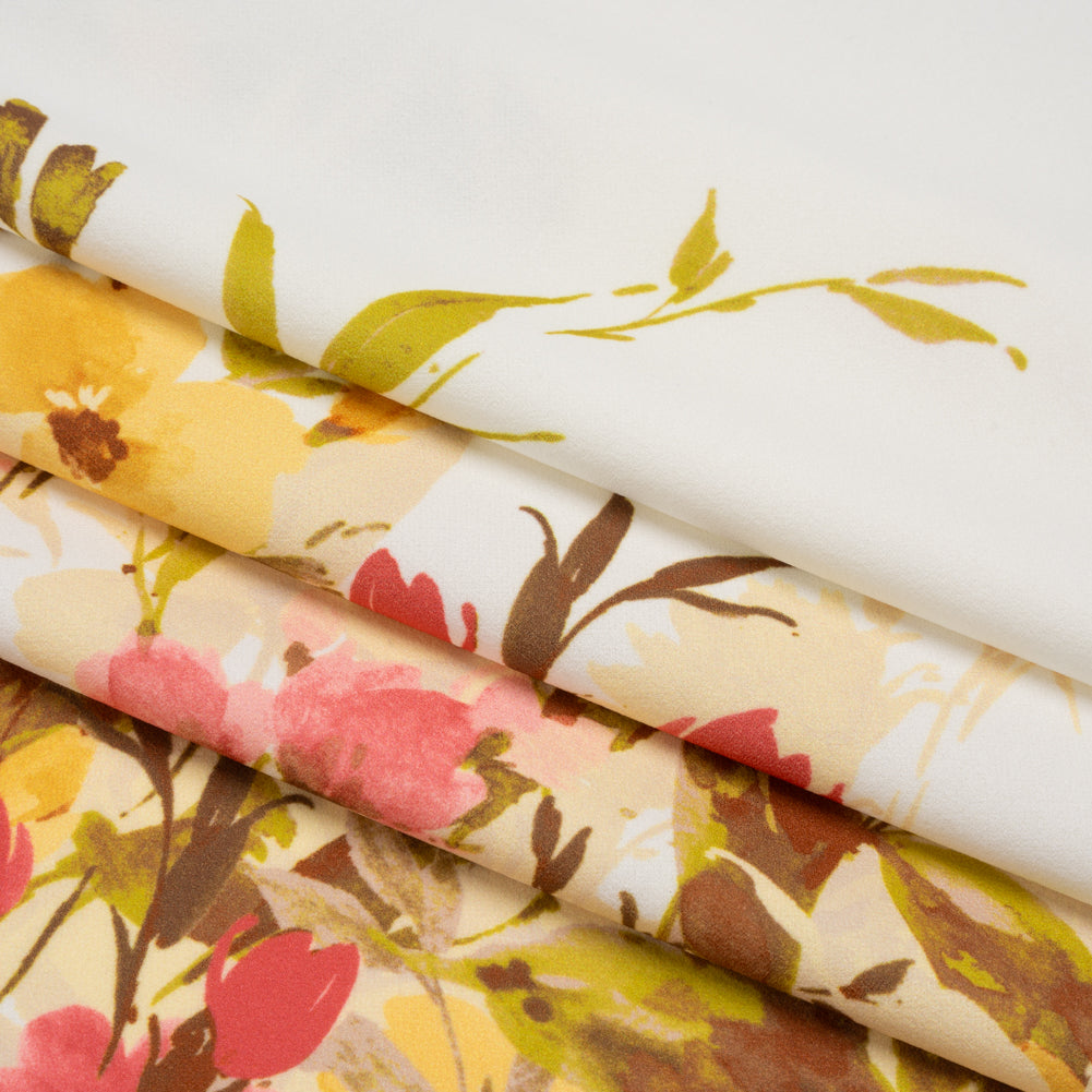 Stretch Polyester Crepe Double Knit - Ivory, Butter Yellow and Rose Pink Floral Border - Designer Deadstock - Folded