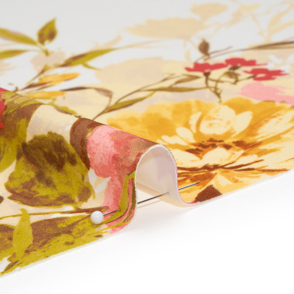 Stretch Polyester Crepe Double Knit - Ivory, Butter Yellow and Rose Pink Floral Border - Designer Deadstock - Detail
