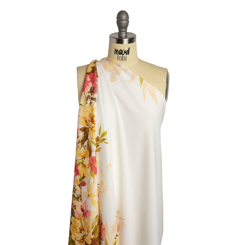 Stretch Polyester Crepe Double Knit - Ivory, Butter Yellow and Rose Pink Floral Border - Designer Deadstock - Drape