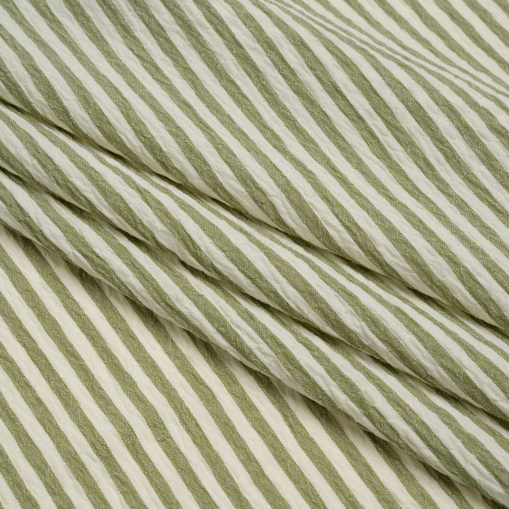 Ruched Polyester and Rayon Woven - Olive Green and Ivory Candy Stripes - Designer Deadstock - Folded