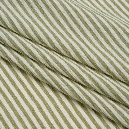 Ruched Polyester and Rayon Woven - Olive Green and Ivory Candy Stripes - Designer Deadstock