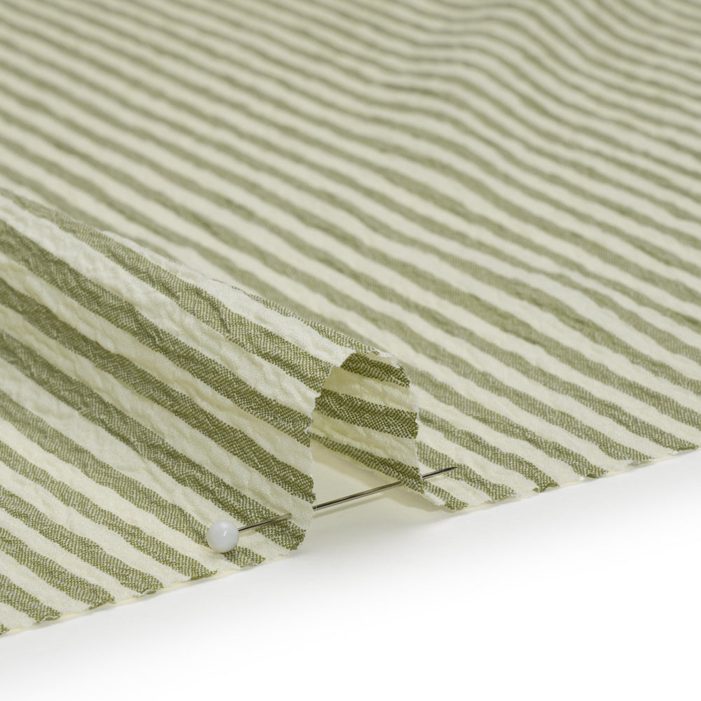 Ruched Polyester and Rayon Woven - Olive Green and Ivory Candy Stripes - Designer Deadstock - Detail