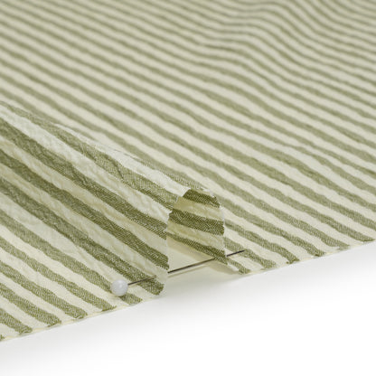 Ruched Polyester and Rayon Woven - Olive Green and Ivory Candy Stripes - Designer Deadstock