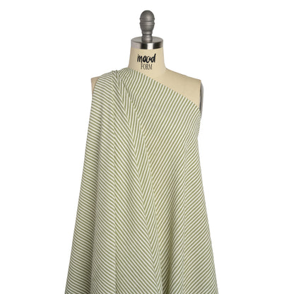 Ruched Polyester and Rayon Woven - Olive Green and Ivory Candy Stripes - Designer Deadstock