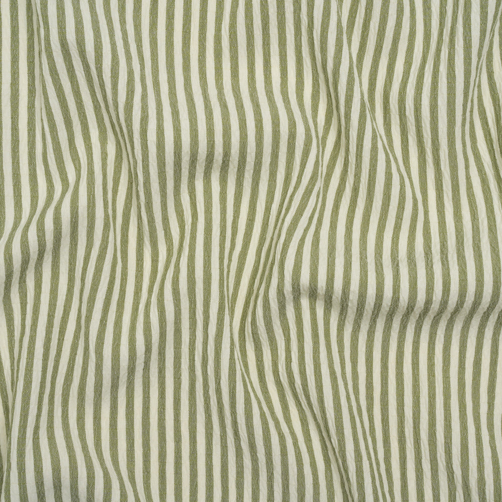 Ruched Polyester and Rayon Woven - Olive Green and Ivory Candy Stripes - Designer Deadstock