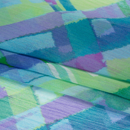 Crinkled Polyester Chiffon Print - Blue, Lime Green and Purple Painted Plaid - Designer Deadstock