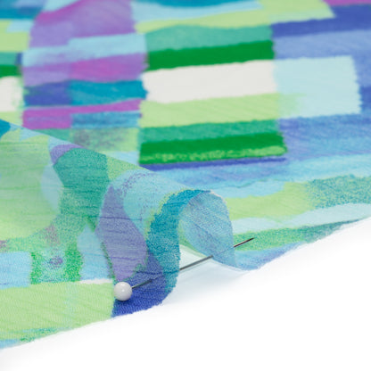 Crinkled Polyester Chiffon Print - Blue, Lime Green and Purple Painted Plaid - Designer Deadstock
