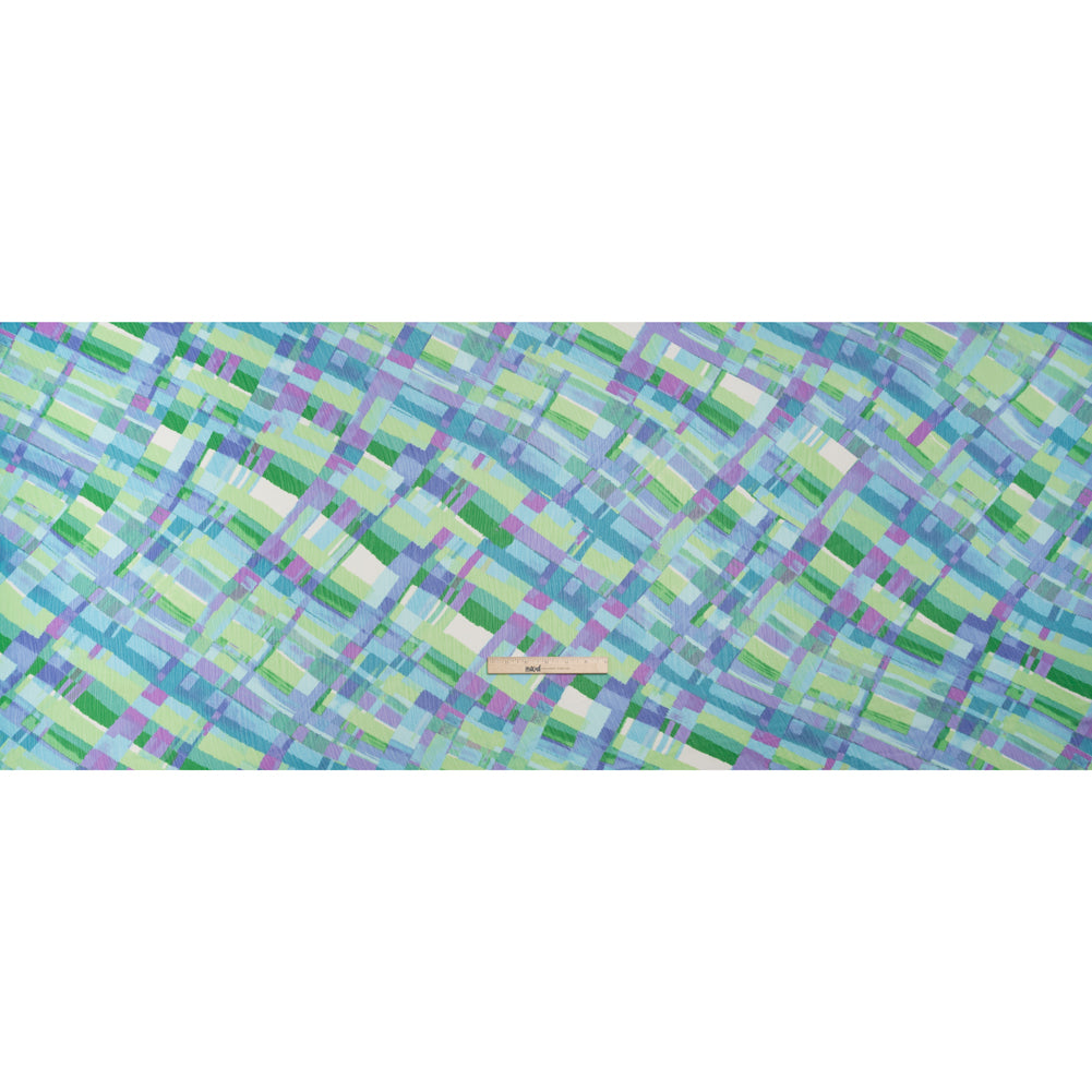 Crinkled Polyester Chiffon Print - Blue, Lime Green and Purple Painted Plaid - Designer Deadstock - Full