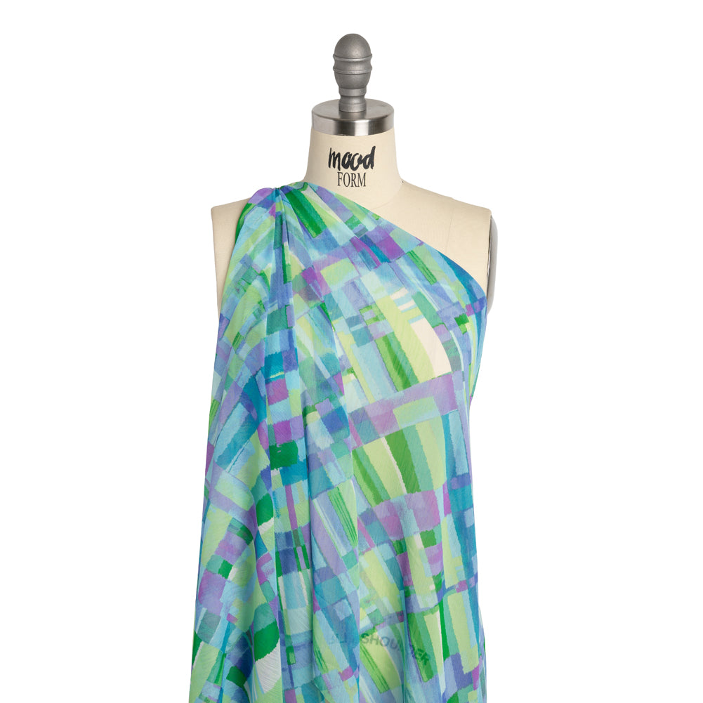 Crinkled Polyester Chiffon Print - Blue, Lime Green and Purple Painted Plaid - Designer Deadstock - Drape