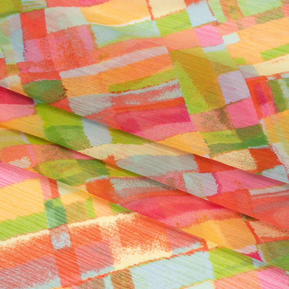 Crinkled Polyester Chiffon Print - Yellow, Lime Green and Pink Painted Plaid - Designer Deadstock - Folded