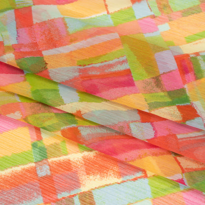 Crinkled Polyester Chiffon Print - Yellow, Lime Green and Pink Painted Plaid - Designer Deadstock