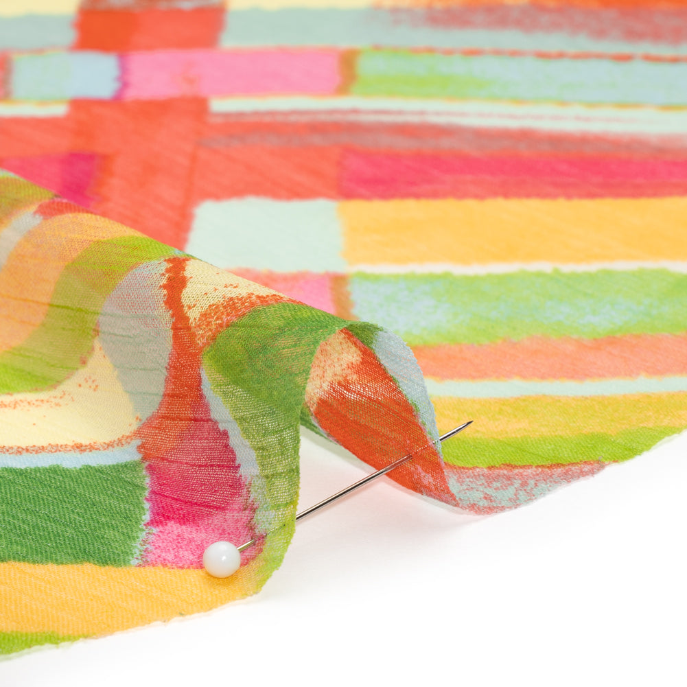 Crinkled Polyester Chiffon Print - Yellow, Lime Green and Pink Painted Plaid - Designer Deadstock - Detail
