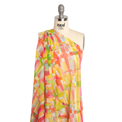 Crinkled Polyester Chiffon Print - Yellow, Lime Green and Pink Painted Plaid - Designer Deadstock