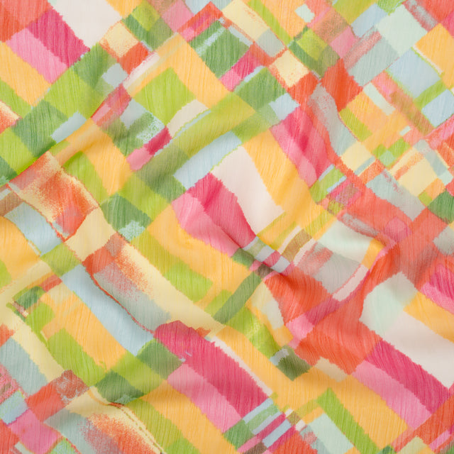 Crinkled Polyester Chiffon Print - Yellow, Lime Green and Pink Painted Plaid - Designer Deadstock