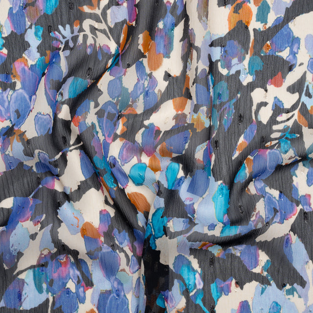 Crinkled Polyester Chiffon with Metallic Dots - Navy, Blue and Orange Abstracted Florals - Made in Italy
