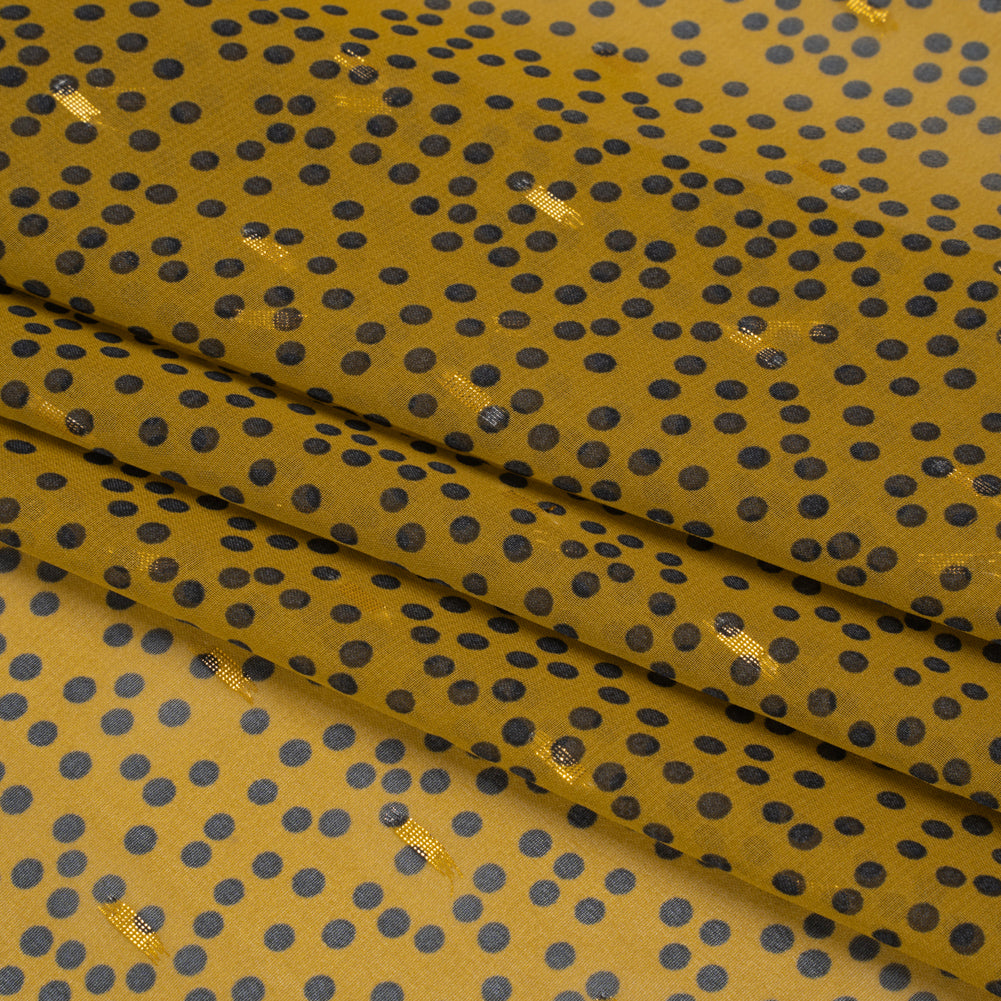 Polyester Chiffon with Gold Metallic Dots - Golden Olive and Black Little Dots - Made in Italy Folded