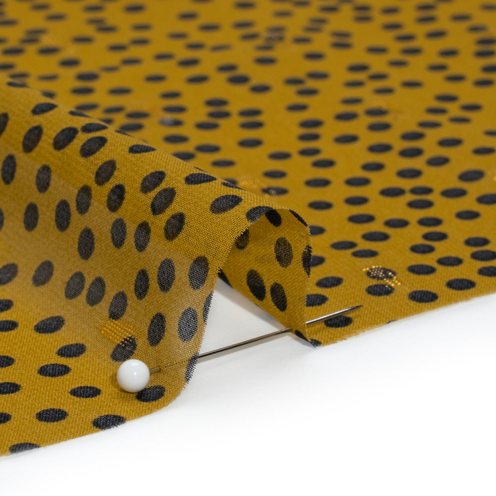 Polyester Chiffon with Gold Metallic Dots - Golden Olive and Black Little Dots - Made in Italy Detail