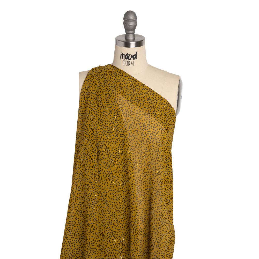 Polyester Chiffon with Gold Metallic Dots - Golden Olive and Black Little Dots - Made in Italy Drape