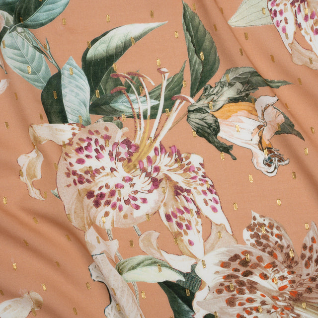 Rayon Batiste with Metallic Dots - Peach, White and Green Floral